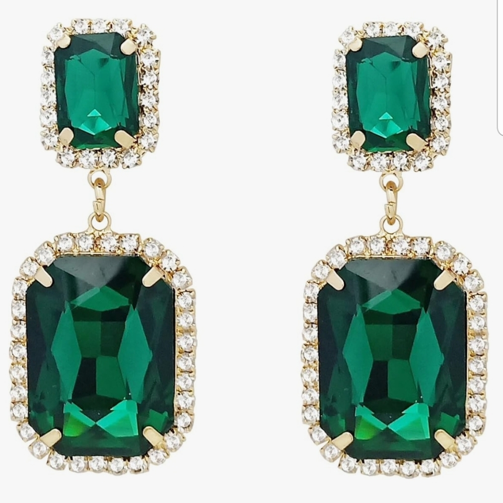 Vintage Earrings Emerald Green Rhinestone Earrings Crystal Rectangle Drop Dangle